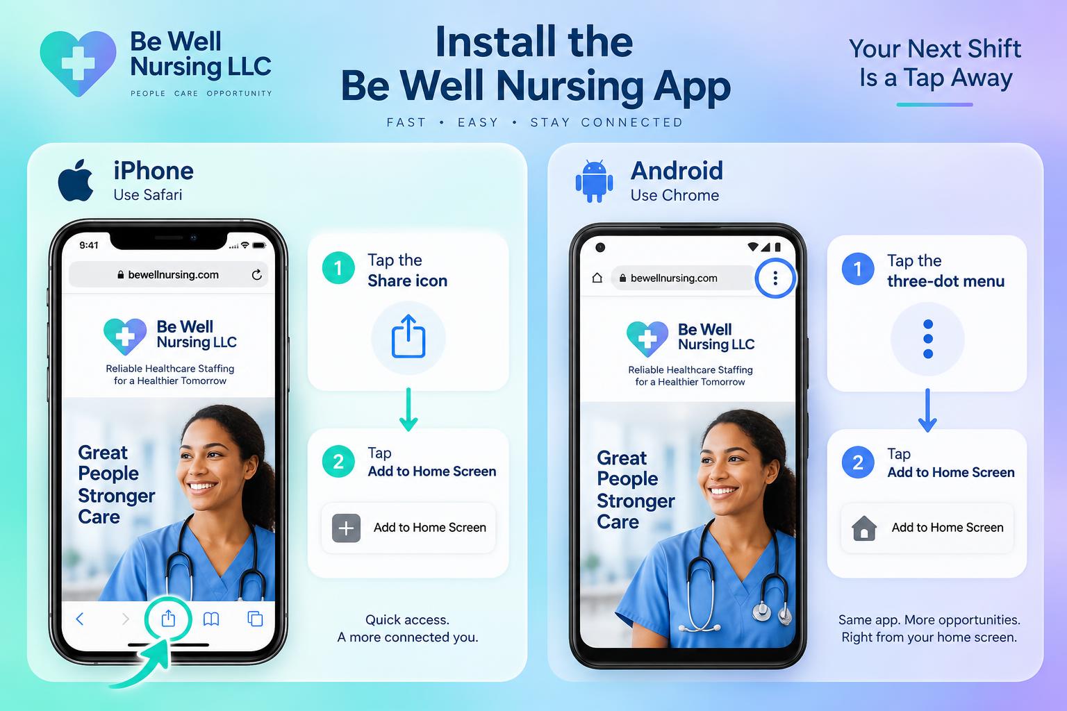 iPhone and Android instructions for adding Be Well Nursing LLC to the home screen